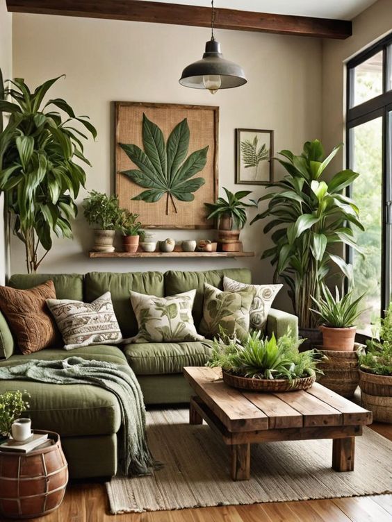 χακί-καναπές-με-φυτά εσωτερικού χώρου-ιδέες-