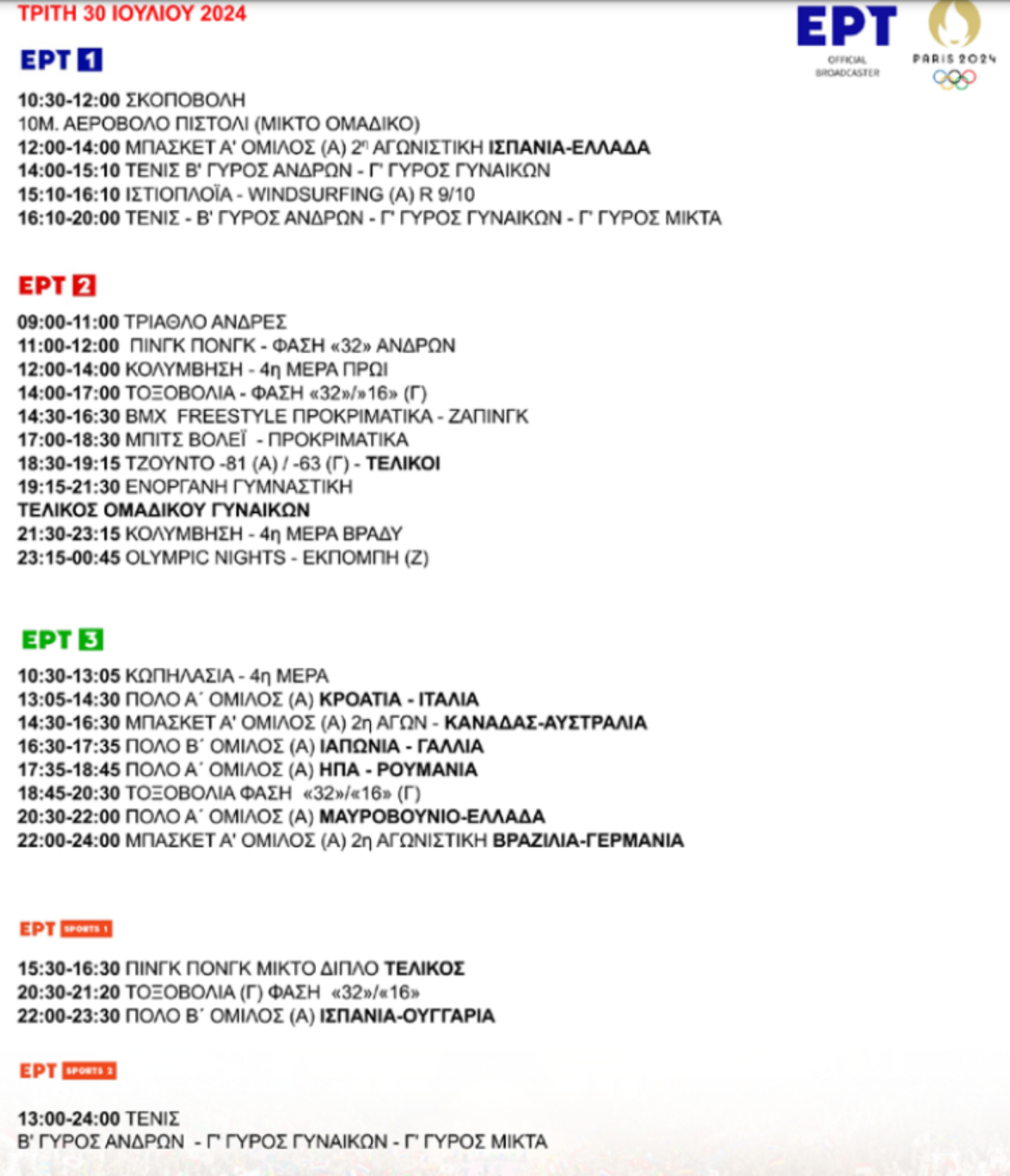 Ολυμπιακοί Αγώνες 2024: Το πρόγραμμα και οι ώρες που αγωνίζονται την Τρίτη (30/7) οι Έλληνες αθλητές