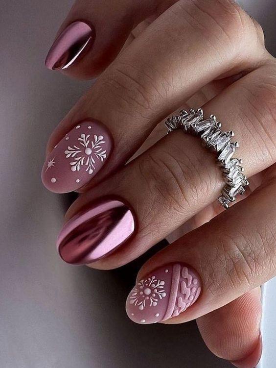 Ιδέες-για-Pre-Christmas-nails-ροζ-μεταλλιζέ-με-3D-λεπτομέρειες