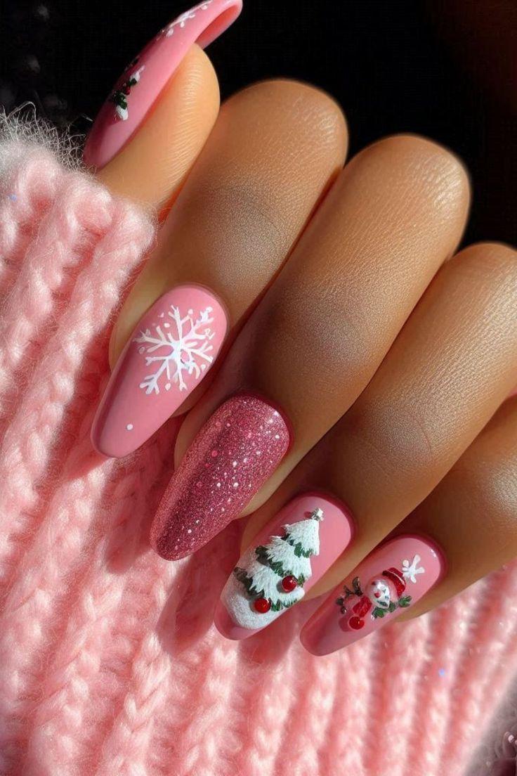 ροζ-χριστουγεννιάτικα νύχια-TikTok nails-trends-Χριστούγεννα 2024-ιδέες-